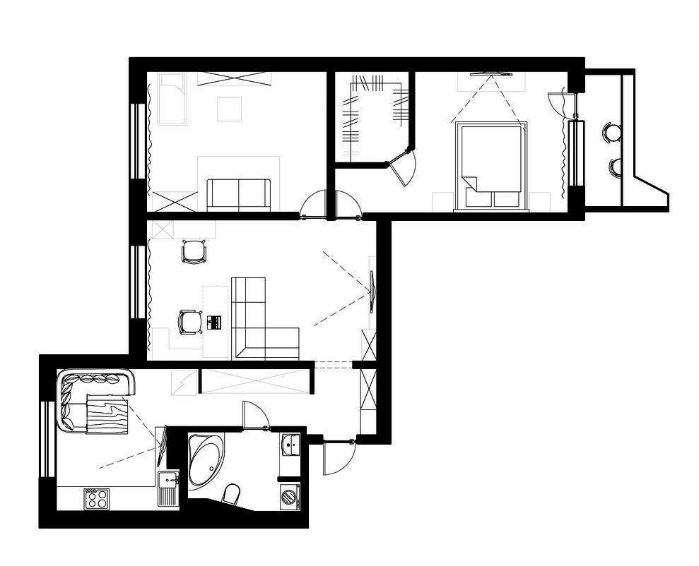 Планировка двухкомнатной квартиры с размерами: серии домов (п44т, п3, 121 серия, 97, и-155) планировка распашонка и линейная