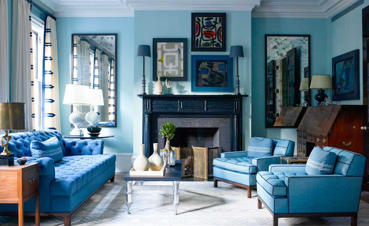 Синий диван в интерьере гостиной комнаты (50 фото)