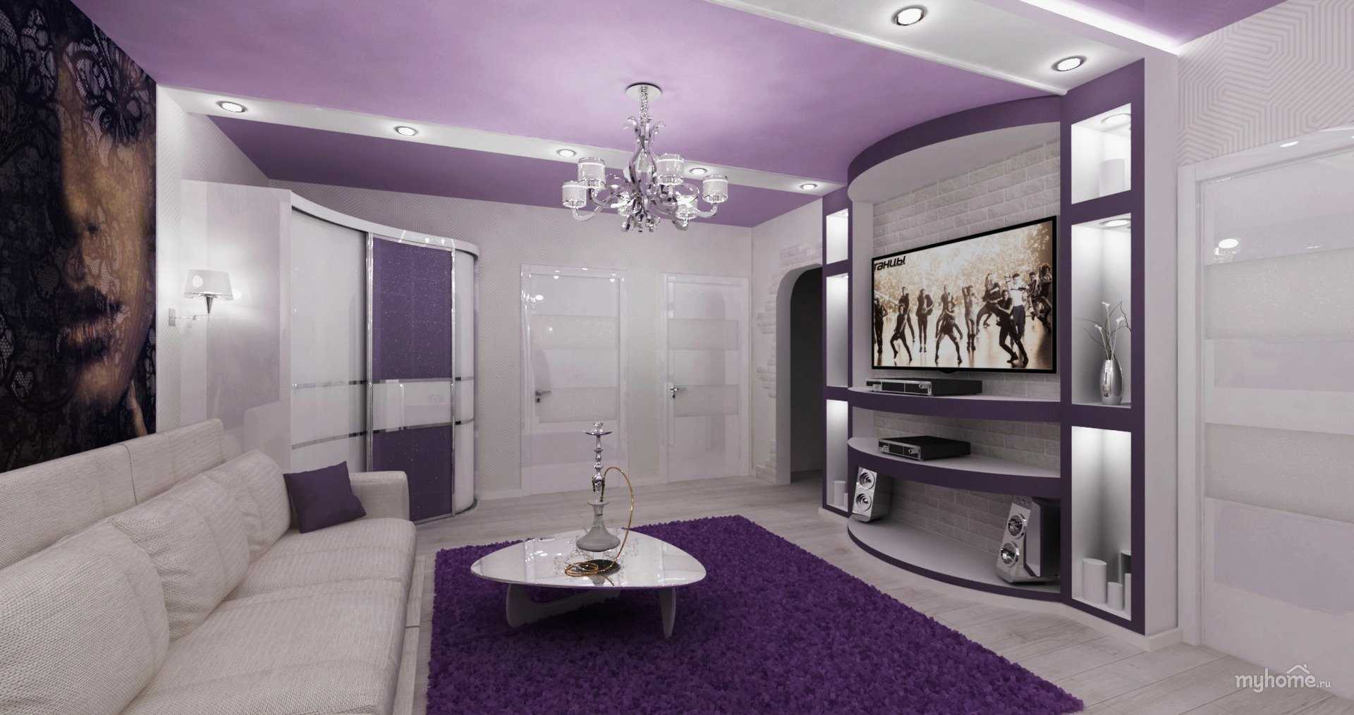 Фиолетовый диван в интерьере: гостиной, прихожей, кухни, спальни и детской комнаты