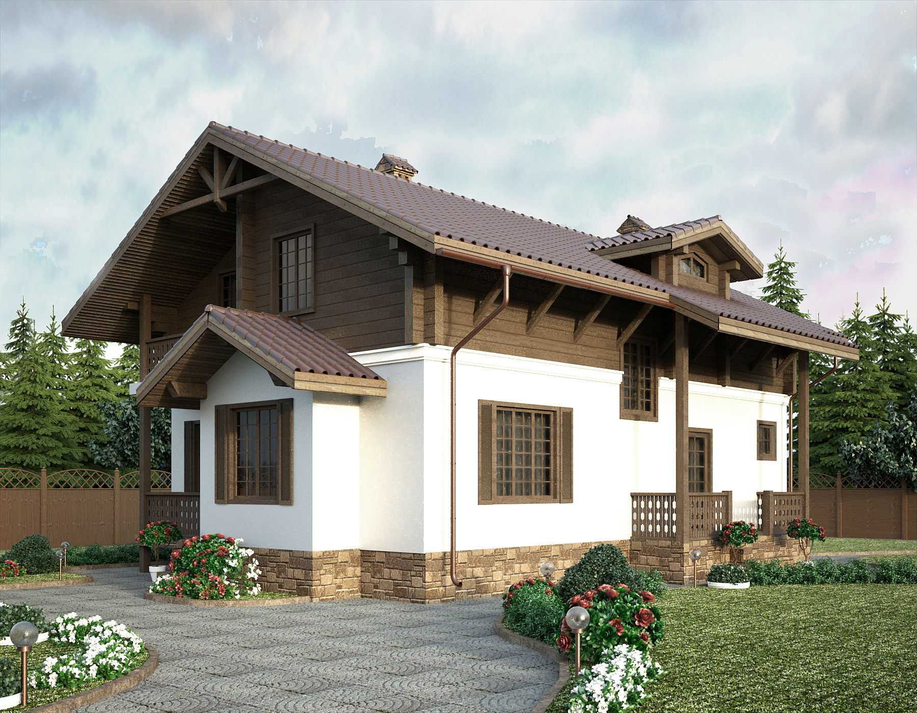 Дом в стиле шале одноэтажный из бруса, проекты загородного коттеджа с деревянным и комбинированным фасадом, дизайн интерьера частного особняка