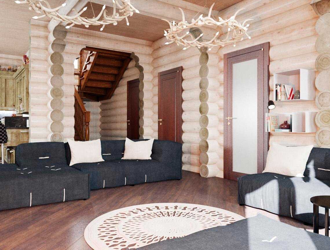 Интерьер деревянного дома из клееного бруса: внутренняя отделка в современном стиле, дизайн гостиной комнаты внутри от лучших дизайнеров - 31 фото