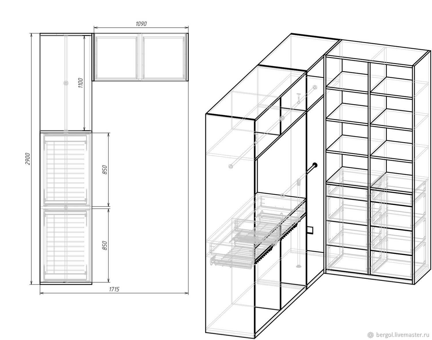 Схемы организации наполнения шкафа-купе прямой и угловой конфигурации